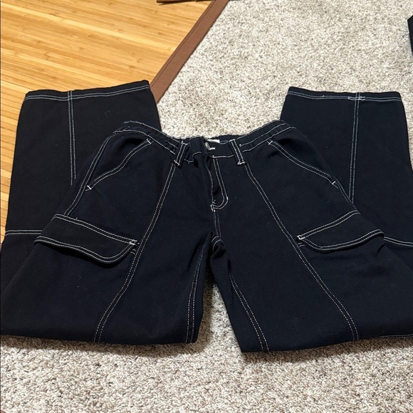 PacSun Low Rise Cargo Puddle Black Jeans with White Stitching - Picture 2 of 7